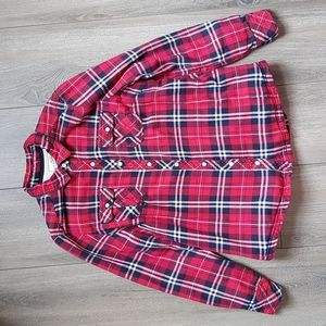 M Fleece Lined Flanel w/ Pearl snap closure long sleeve shacket Red Plaid